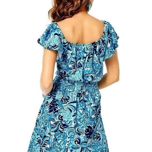 Lilly Pulitzer Clarette Flutter Sleeve Dress Mermazing Blue Sz M Vacation $128 - Picture 2 of 14